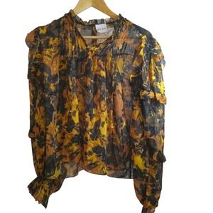 Oliveaceous Dragonfly Floral Sheer Blouse L Metallic Lurex Ruffle Sleeve Boho